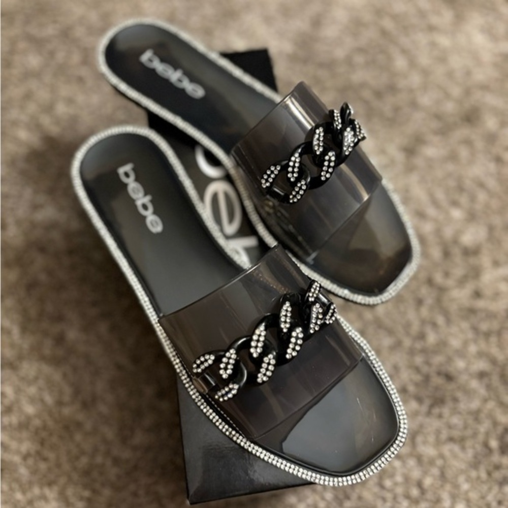Bebe Black Rhinestone Slide Sandals